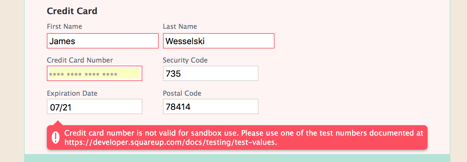 Gettin invalid credit card for sandbox use on my Square form